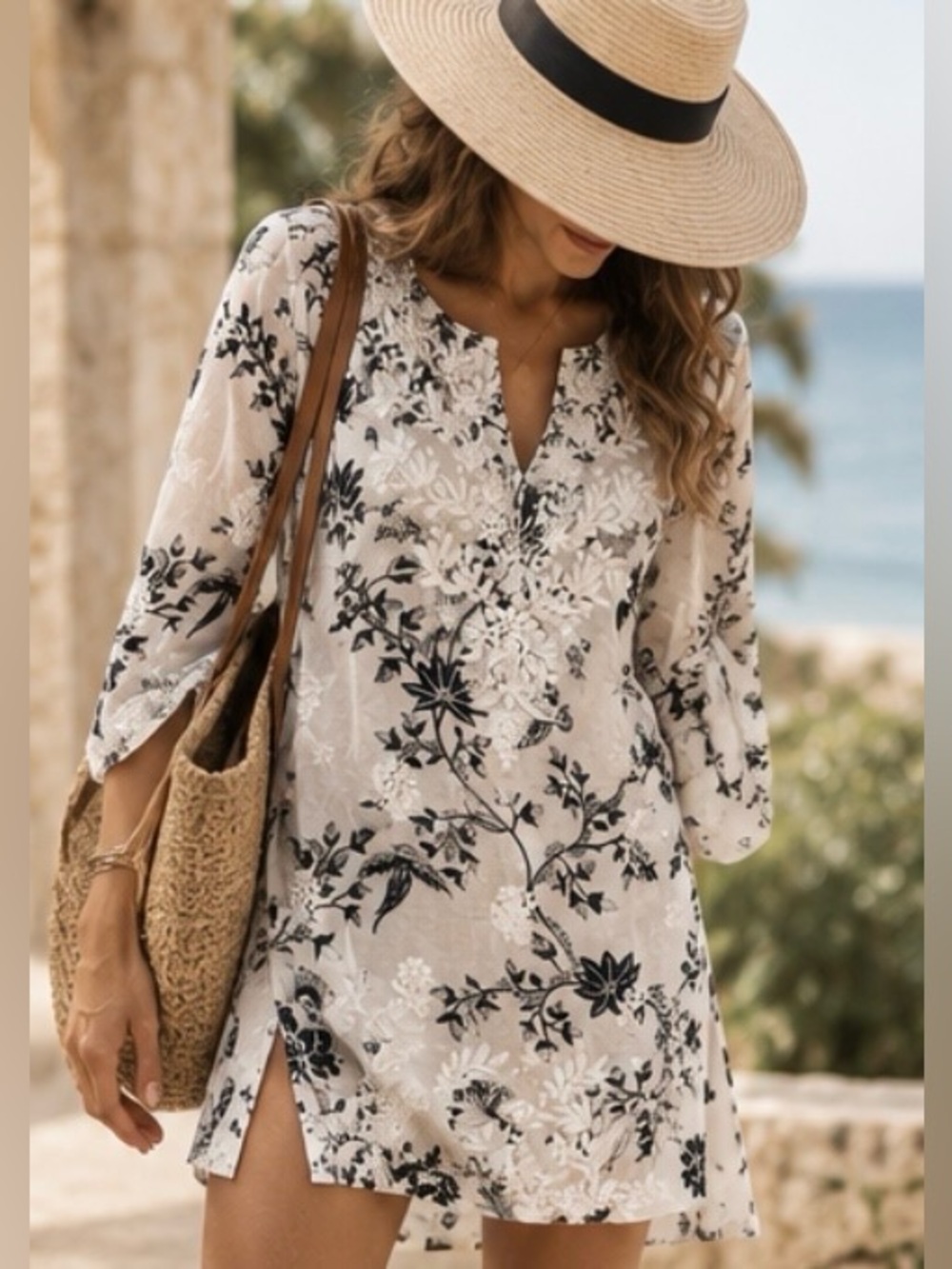Floral Embroidered V-Neck Silk Tunic Dress - Beige/Black